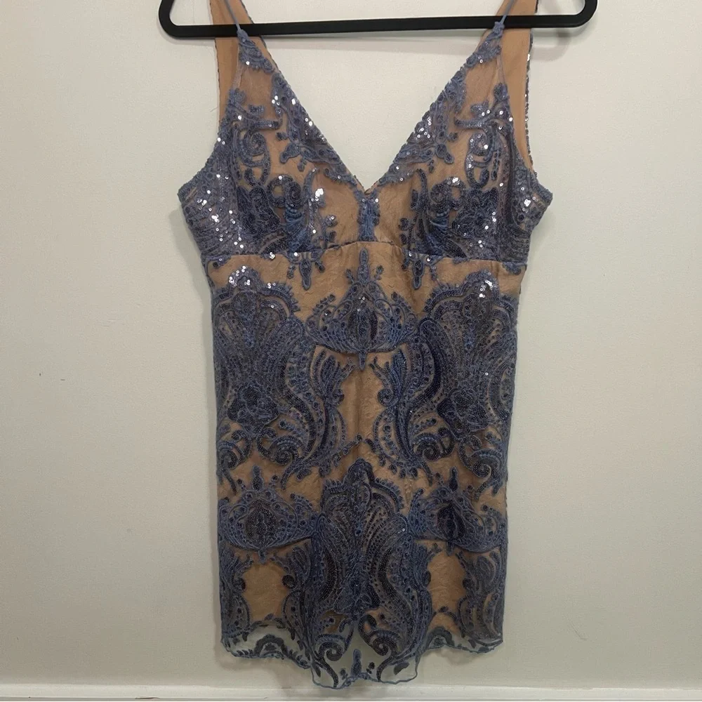 Free People Night Shimmer Blue and Nude Sequin Lace Mini Dress Boho Wedding